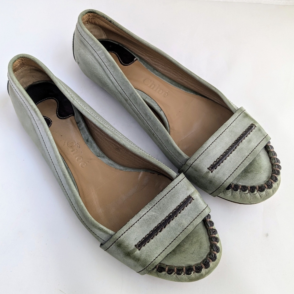 Chloe Vintage Women's Leather Flat Loafers Moccasin Shoes Light Green Size 36.5